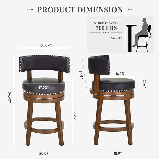 COLAMY Swivel Bar Stools Set of 2, Swivel Counter Height Barstools, 25 Inch Upholstered Barstools for Kitchen Island Dining Room Bar, Dark Brown