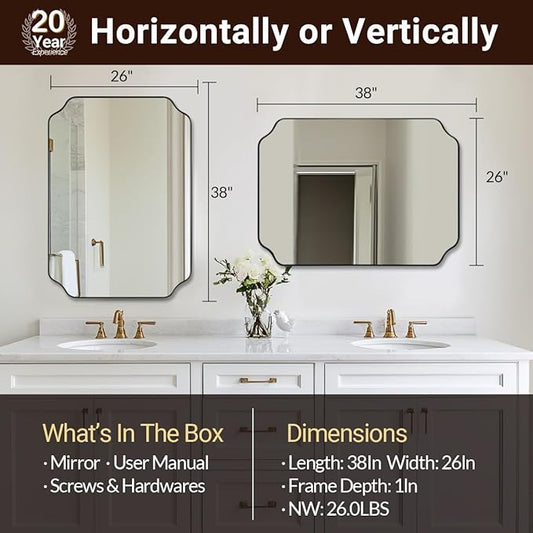 ANDY STAR Matte Black Mirror 26x38 Inch, Scalloped Wall Mirror, Unique Rectangular Bathroom Mirror in Premium Stainless Steel Metal Frame 1’’ Deep, Hangs Vertically/Horizontally