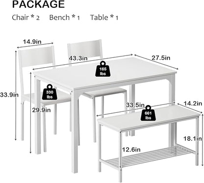 soges 4 Pieces Dining Table Set, 43.3 inch Kitchen Table Set for 4, Dining Set with 2 Chairs and Bench with Storage Rack, Nesting Furniture Set for Dining Room, Kitchen, Restaurant, White