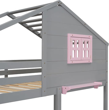Ball & Cast Twin Over Twin Size Bunk Bed with 2 Drawers and 1 Storage Box,Playhouse Wood Bunkbed w/Window & 1 Shelf,Slat Support,Space Saving,Bedroom Furniture for Student Dorms,Gray