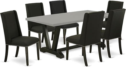 East West Furniture V697FL624-7 7 Piece Modern Dining Table Set Consist of a Rectangle Wooden Table with V-Legs and 6 Black Linen Fabric Parson Dining Chairs, 40x72 Inch, Multi-Color