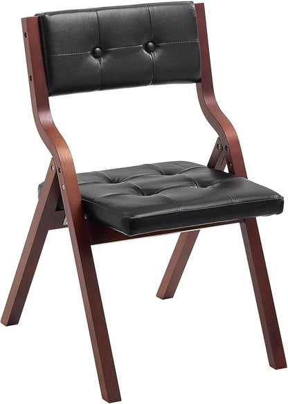 VEVOR Wooden Folding Chairs with Leather Cushion, Set of 2, Portable Foldable Cushion Chair with Wooden Frame, Easy Assembly, Modern Leather Padded Dining Chair for Office, Wedding, Party, Home, Black