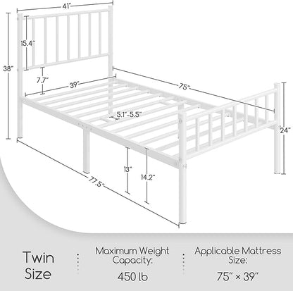Yaheetech Twin Size Bed Frame Metal Platform Mattress Foundation with Spindle Headboard & Footboard/No Box Spring Needed/14 Inch Underbed Storage/Firm Support Easy Set up Structure, White