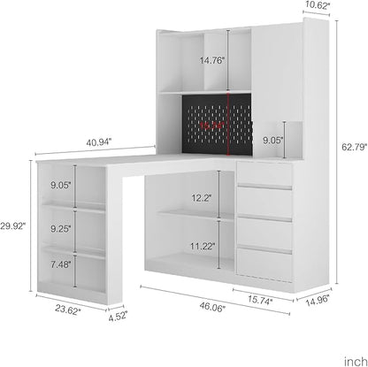 KEIKI L Shaped Home Office Desks with LED Light, Pegboard, Hutch, Drawers, Bookshelf & Storage Shelves, Modern Wooden Gaming Computer Corner Table for Work, Study, Writing