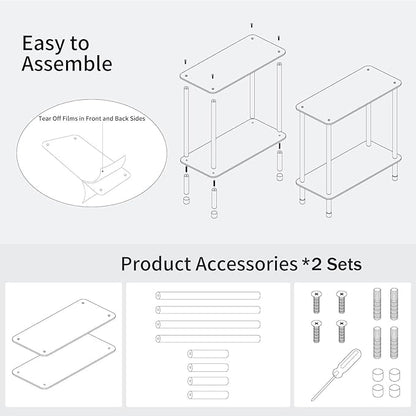 Clear Acrylic Narrow Side Table Set of 2 for Small Spaces, 15.75" L x 7.87" W x 19.82" H, 2 Tier Rectangle Slim End Table Nightstand, Small Bedside Table for Bedroom, Bathroom, Living Room