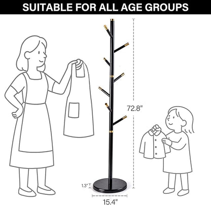 CozyDH Black Coat Rack Freestanding Solid Wood Coat Rack Stand, Coat Tree Freestanding with 7 Hooks Creative Tree Branch-look for Entryway, Hallway, Bedroom