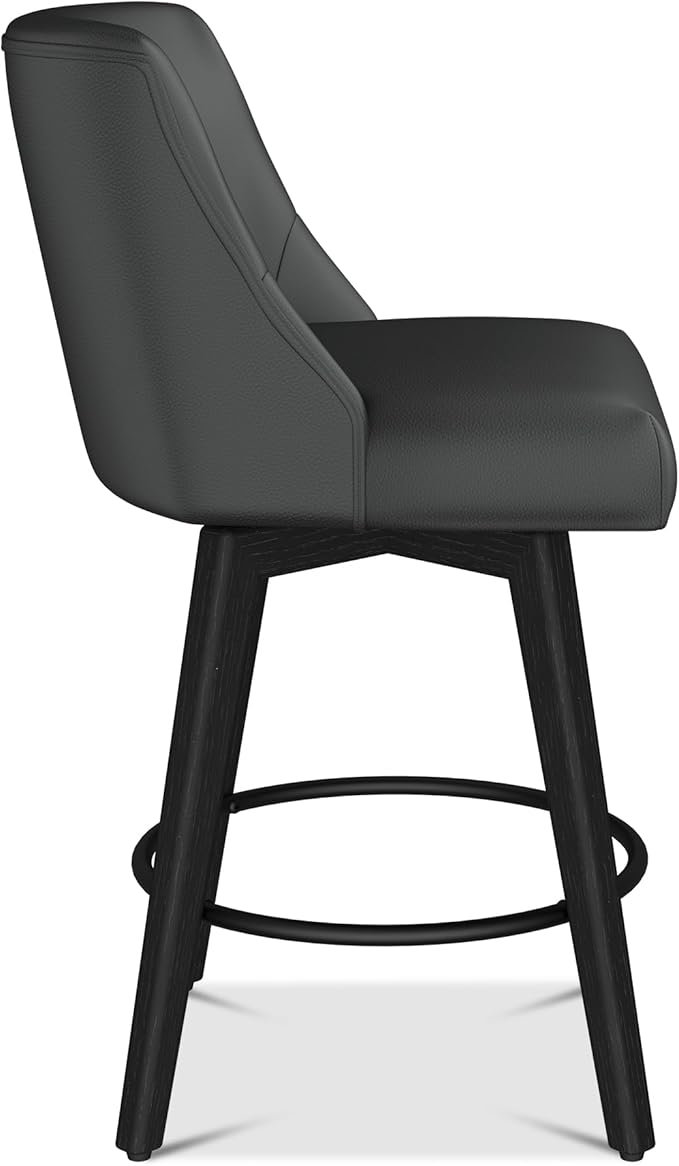 Counter Height Bar Stools Set of 2, Modern Swivel Barstools with Back and Wood Legs, Faux Leather Upholstered Counter Height Stools, 26" H Kitchen Island Stools,Home Bar, Black Grey