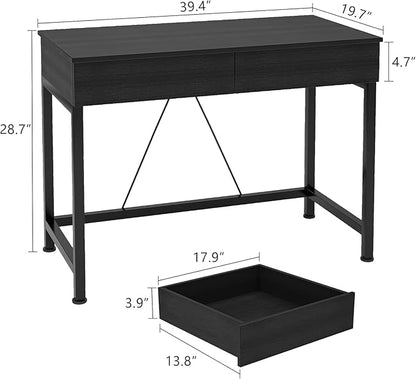 CAIYUN Small Computer Desk with Drawers, 39.4 Inch Home Office Desks with Storage, Simple Modern Kids Desk, Vanity Desk for Bedroom, Work Study Writing Desk Table for Small Spaces (Black, Wooden)