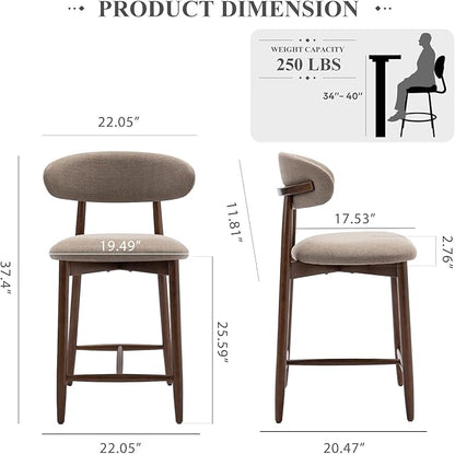 COLAMY Bar Stools Set of 2, Counter Height Barstools, Upholstered Counter Stools with Wood Legs for Kitchen Island Dining Room, Camel