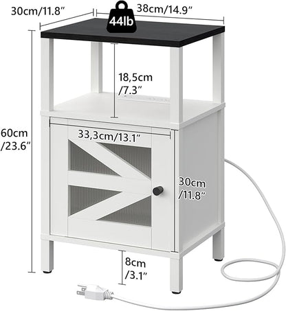 Farmhouse Nightstand with Charging Station, White Bedside Table with USB&Type-C Ports and Outlets, End Table with Storage, Side Table Night Stand for Bedroom, White and Black ETBW97E01