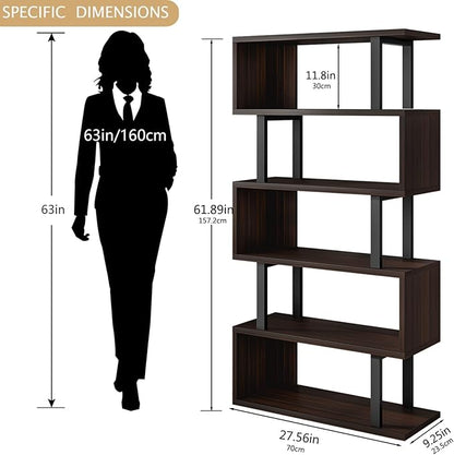 SORCEDAS Bookshelf Geometric Bookcase S Shaped Industrial Bookshelf Storage Display Stand Shelf for Living Room Bedroom and Office Room (Black, 5 Tier)