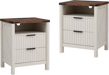 Antique White Nightstand with Charging Station Set of 2-20 Inch Wide Farmhouse Fluted Bedside Table with 2 Drawers, Modern Wood End Side Table for Bedroom Study Storage Home
