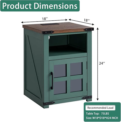 Farmhouse Nightstand with Charging Station, Rustic End Table with Tempered Glass Barn Door, Wood Sofa Side Bedside Table with Open Storage Shelf for Living Room, Bedroom, Green, 2 Pack