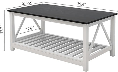 Farmhouse Coffee Table, Black and White Coffee Table for Living Room, 2-Tier Rectangular Wooden Centre Cocktail Table with Slats Shelf Storage and V-Shaped Frame Modern Coffee Tables Oak Black