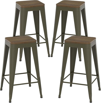 26 inch Backless Bar Stools Set of 4, Indoor Metal Bar Stools with Wood Seat, Industrial Counter Height Barstools for Kitchen Island, Rusty