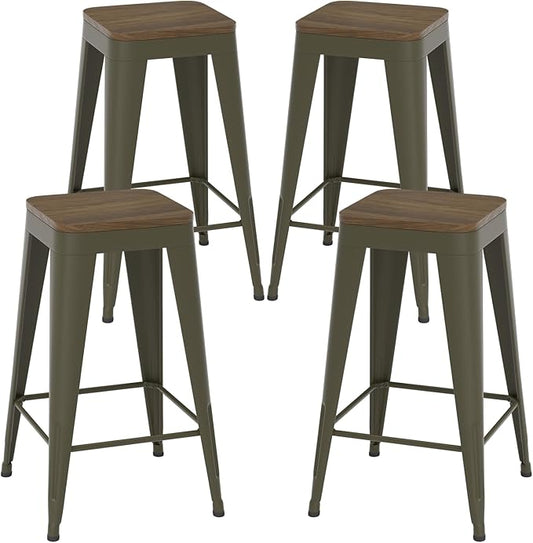 26 inch Backless Bar Stools Set of 4, Indoor Metal Bar Stools with Wood Seat, Industrial Counter Height Barstools for Kitchen Island, Rusty