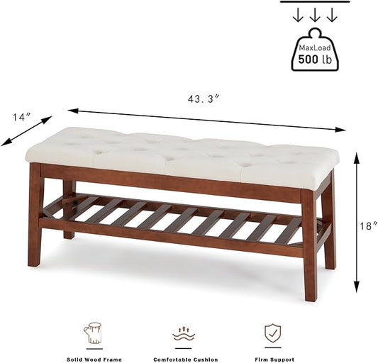Upholstered Shoe Bench Entryway Bench for Bedroom, End of Bed, Ottoman Bench Tufted Padded Seat with Solid Wood Shelf for Living Room, Faux Leather Black
