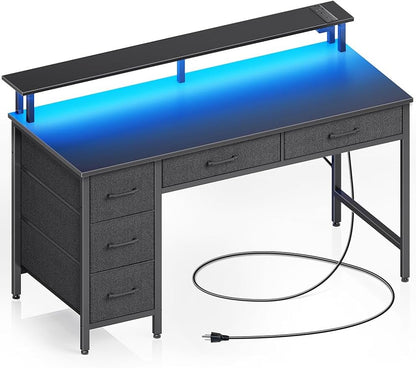 Seventable Computer Desk with Power Outlets & LED Light, 47 inch Home Office Desk with 5 Drawers, Writing Desk with Monitor Stand, Work Desk for Home Office, Black