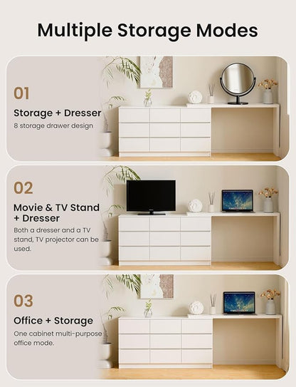 9 Drawer Vanity Dresser Combo with Extendable Table & L-Shaped Desk, White MDF Large Dresser with Deep Storage for Bedroom, Adjustable Desk and Vanity Combo for Small Spaces