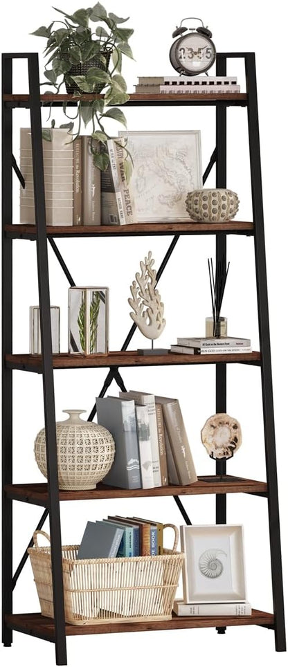 BON AUGURE Ladder Shelf Bookcase, 5-Tier Industrial Ladder Bookshelf, Tall Living Room Shelves, Wood and Metal Leaning Shelf for Home Office, Kitchen, Bedroom, Balcony (Rustic Oak)