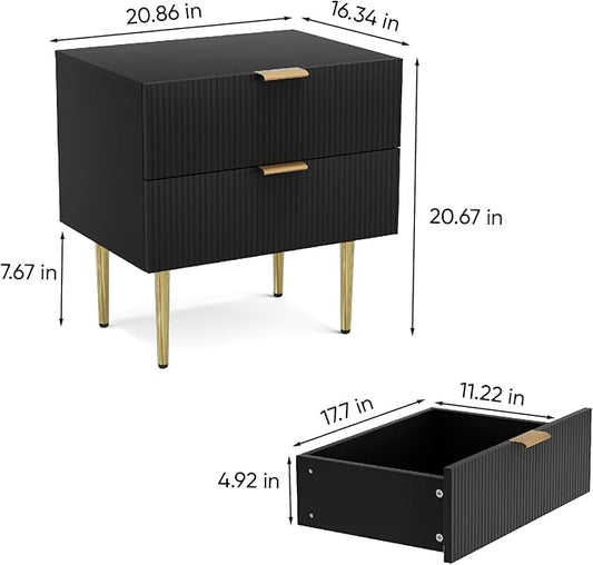 Black Nightstand for Bedroom, Fluted Night Stand Set of 2, Mid Century Modern Bedside Table with Gold Metal Legs