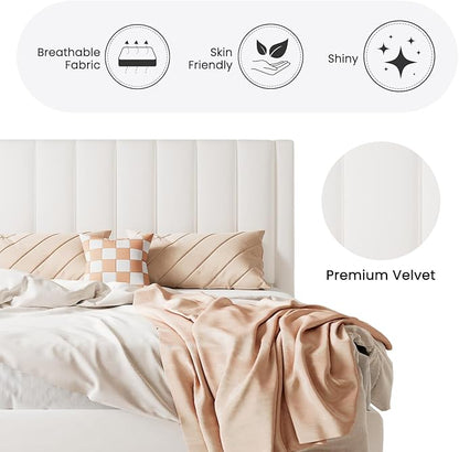 SHA CERLIN Twin Bed Frame/Velvet Upholstered Platform Bed Frame with Headboard/Strong Wood Slats Support/Mattress Foundation/No Box Spring Needed/Easy Assembly/White