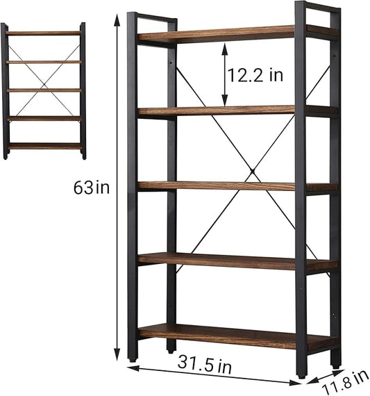 5 Tier Bookcase, Solid Wood Bookshelf Rustic Vintage Industrial Etagere Bookcase, Metal and Wood Free Vintage Bookshelf, Retro Brown (Real Wood) (5-Tiers)