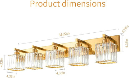 Modern 5-Light Gold Brushed Brass Finish Crystal Wall Light for Bathroom Vanity