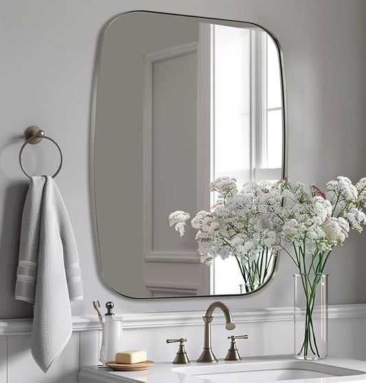 ANDY STAR Brushed Nickel Oblong Mirror, 36x40 Inch Brushed Nickel Oval Mirror for Bathroom with Stainless Steel Metal Frame, Wall Mouned for Bathroom, Living Room, Entryway