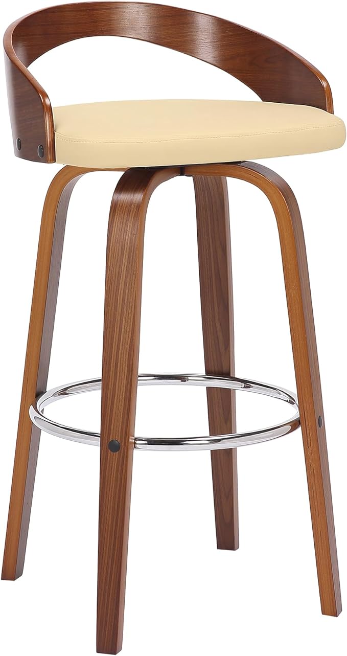 Armen Living Sonia 30" Bar Height Swivel Cream Faux Leather and Walnut Wood Bar Stool - Set of 2