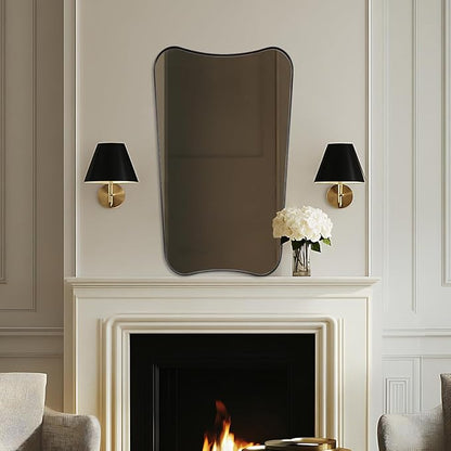 24x40 Black Mirror, Irregular Shaped Mirror with Curved Edge Design, Asymmetrical Bathroom Mirror, Wall Mounted Decorative Mirror for Powder Room, Foyer, Master Room, Hangs Vertical Only