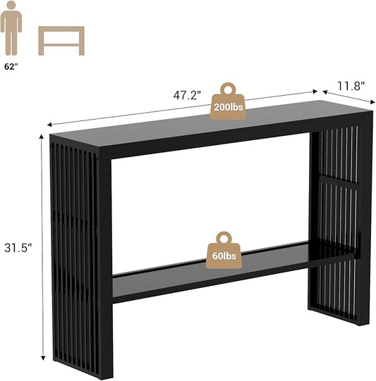 Bamboo Wood Console Table 47.2" Entryway Table, 2-Tier Farmhouse Narrow Sofa Table w/Storage Shelf, Couch Table Behind Sofa Easy Assembly for Entrance, Hallway, Living Room, Foyer(Black)