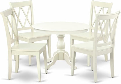 East West Furniture HBCL5-LWH-W 5 Piece Dining Set Includes a Round Dining Room Table with Pedestal and 4 Kitchen Chairs, 42x42 Inch, Linen White