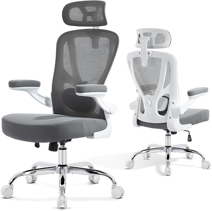 Office Chair Ergonomic Office Chair with Lumbar Support, Head Support, Rocking Function, FILP-up Armrests, Mesh High Back Chair Home Office Desk Chair, Suitable for Home, Office, Grey