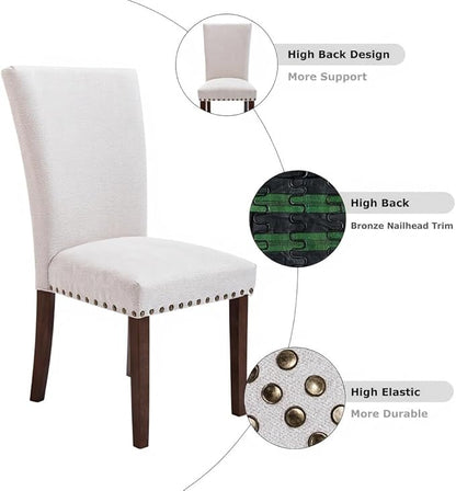 Set of 4 Beige Upholstered Dining Chairs – Farmhouse Kitchen Chairs with High Back, Solid Rubberwood Legs, Padded Foam Seat & Bronze Nailhead Trim, Comfortable Dining Room Chairs for Home, Living Room