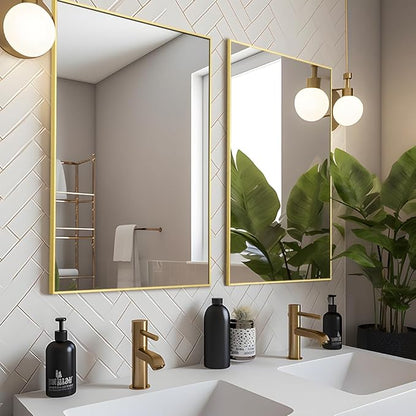 Bathroom Mirror 24"x36", Gold Vanity Mirror with Brushed Metal Frame & Tempered Glass, Rectangle Wall Mirror Mounted, Rust-Resistant for Bedroom, Entryway and Living Room Decor