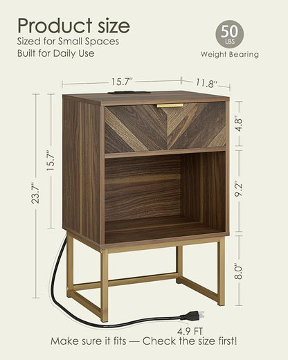 Nightstand with Charging Station, Boho Night Stand Wood Farmhouse Bedside Table with Storage, End Side Accent Table Walnut