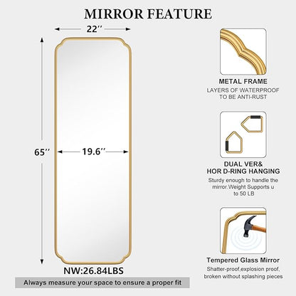Gold Full Length Mirror with Standing, 65"x22" Rounded Corner Wall Mounted Floor Mirror Leaning Against Wall Dressing Room