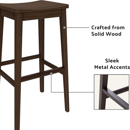 Plank+Beam Smythe Bar Stool, 30", Set of 2, Sturdy Wood Modern Kitchen Counter Height Stool, Saddle Seat Backless Counter Chair, Metal Footrest, Walnut