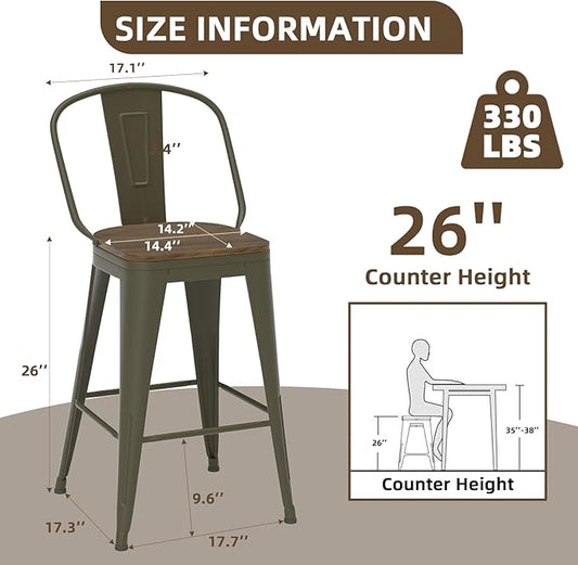 26” Swivel Bar Stools Set of 4, Counter Height Bar Stools Wooden Seat, Metal Industrial Bar Chairs with High Back for Kitchen Island (Rusty)