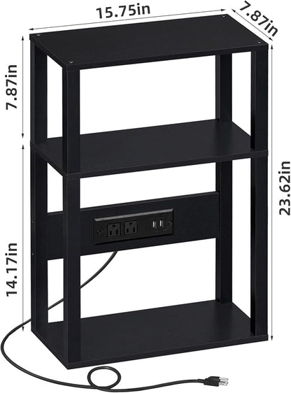 3-Tier Small Narrow Wood Side Table with Charging Station, Skinny Nightstand for Small Space, Slim Bedside Table with Storage for Couch, Thin End Table with USB Ports and Outlets, Black