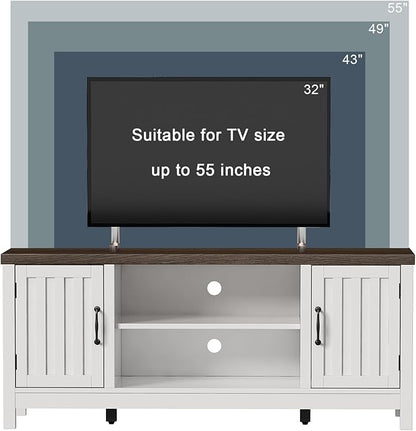 ChooChoo Farmhouse TV Stand, Wood Fluted Door Entertainment Center with Storage Cabinets and Open Shelves, Rustic Media Console up to 55 inches for Living Room, Bedroom, White