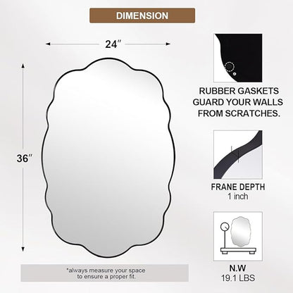 ANDY STAR Matte Black Scalloped Wall Mirror -24x36 Irregular Bathroom Vanity Mirror for Vanity, Living Room & Entryway, Anti Rust Stainless Steel Wall Mount Horizontal or Vertical