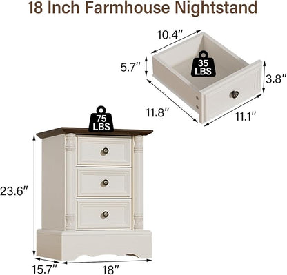 Nightstand with 3 Drawers, Rustic Night Stand 18' Wide Side Table with Storage, Mid-Century Modern Couch End Table with Vintage Handles, Small Dresser for Bedroom, Living Room, Antique White