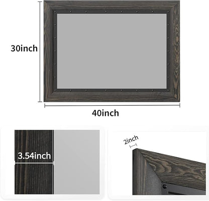 YOSHOOT Rustic Wooden Framed Wall Mirror, 40x30 Inch, Natural Wood and Iron Bathroom Vanity Mirror for Farmhouse Decor, Vertical or Horizontal Hanging