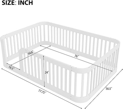 Full Floor Bed with High Fence and Rounded Corner Design, Montessori Floor Bed Frame with Guardrail and Entrance, Easy Assemble Montessori Bedd Full Size, White