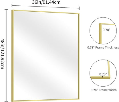 YIROMAN Bathroom Mirror 48"x36", Large Brushed Gold Bathroom Mirror for Over Sink with Aluminum Frame, Rectangular Vanity Mirror with Right Angle, Wall Mirror Hangs Horizontal or Vertical