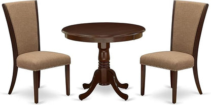 East West Furniture ANVE3-MAH-47 3 Piece Dining Table Set for Small Spaces Contains a Round Kitchen Table with Pedestal and 2 Light Sable Linen Fabric Parson Chairs, 36x36 Inch, Linen White