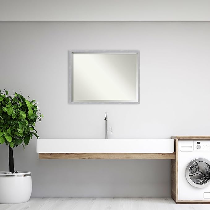 Amanti Art Silver Bathroom Mirror for Over Sink, 32x42 Grace Brushed Nickel Narrow Rectangle Vanity Mirror, X-Large Modern Frame, Hangs Horizonally and Vertically, Bathroom Wall Decor, Beveled Edge