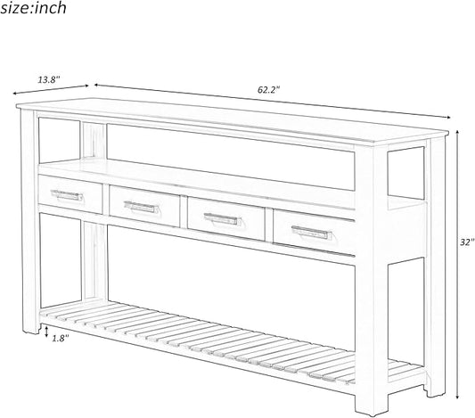 Ball & Cast 62.2“ Contemporary 4 Drawers Console Table, Long Entryway Table with Drawer & 3 Tier Shelves, Modern Storage Sofa Table, Farmhouse Wood Couch Table for Entrance Hallway Living,Black